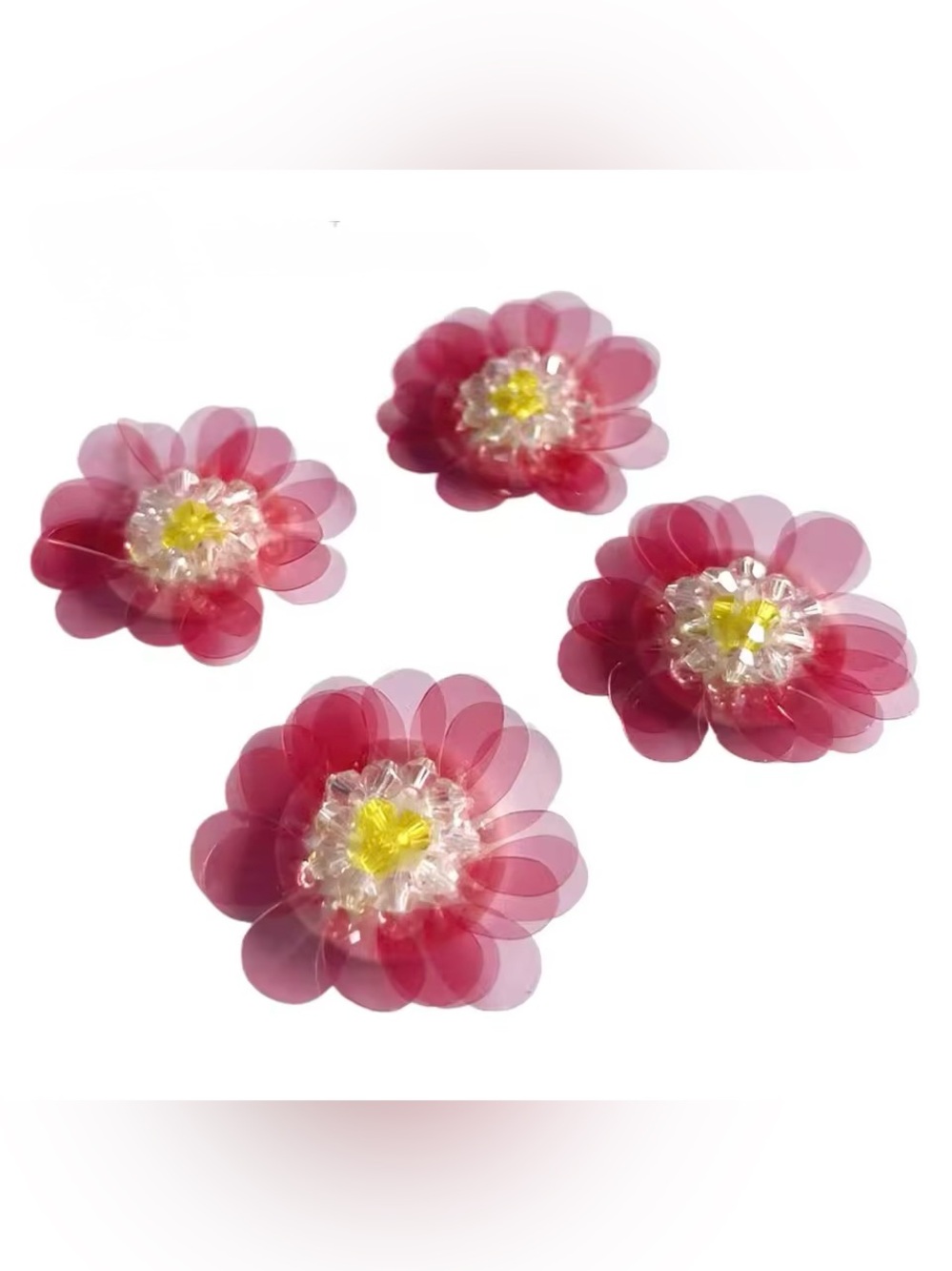 4 Deep Pink Sequin Flower Appliqués | Beaded Floral Patches | New